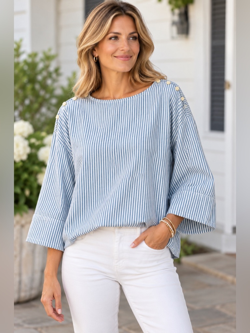 Madewell Size M Blue White Striped Cotton Button Shoulder Wide Sleeve Top